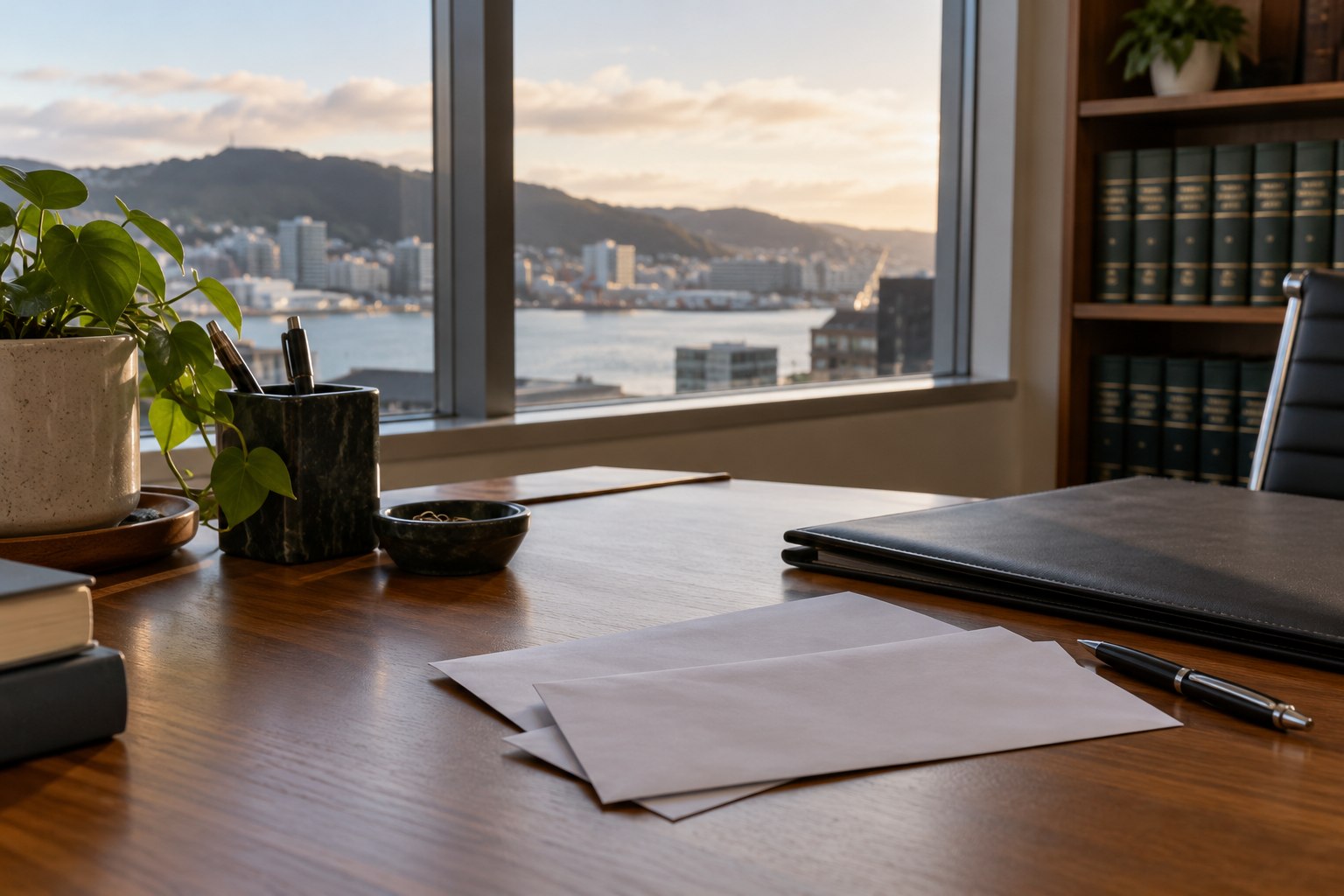 Plain correspondence envelopes, pen and folder on an office desk by a bright window, no readable addresses