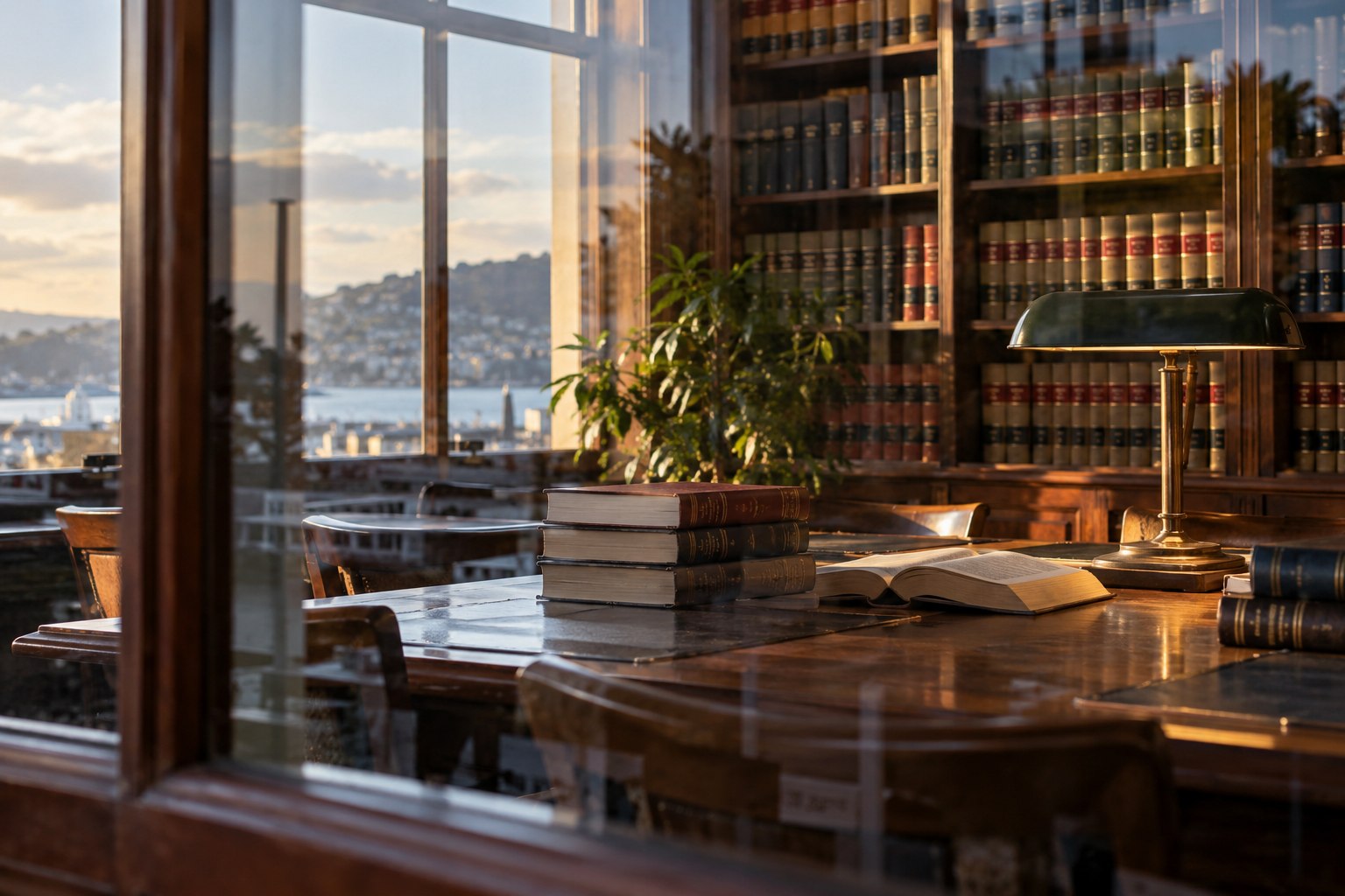 A close documentary view across a legal library reading table toward shelves and soft window light