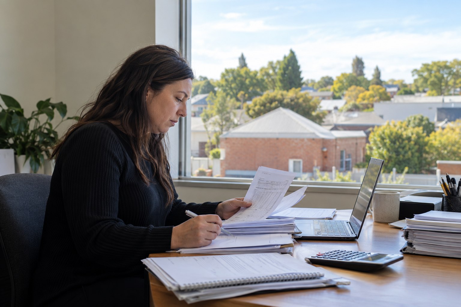 A compliance analyst at an ordinary office desk reviewing unmarked financial records, seen in profile, no readable documents
