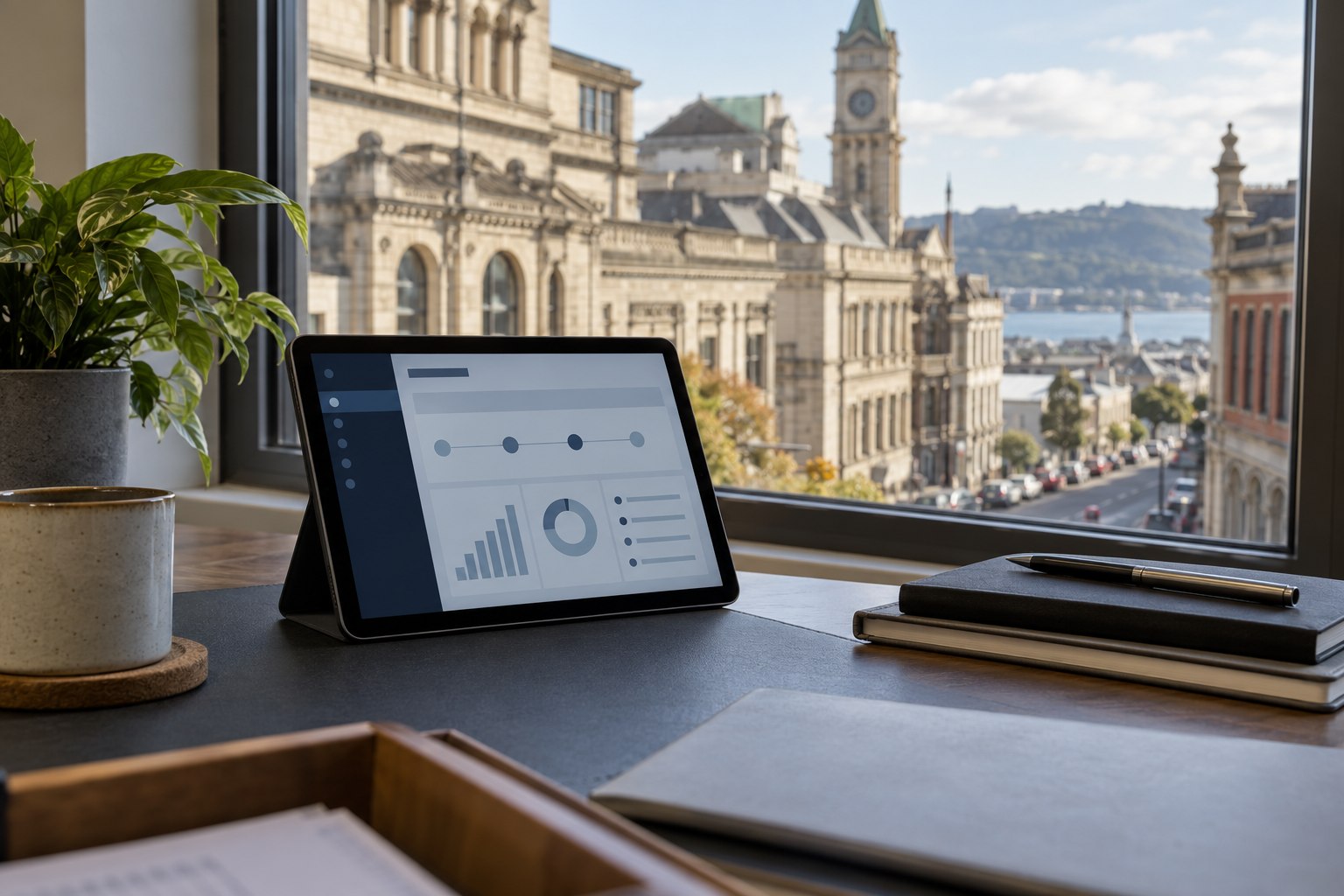 Digital tablet displaying regulatory software compliance dashboard