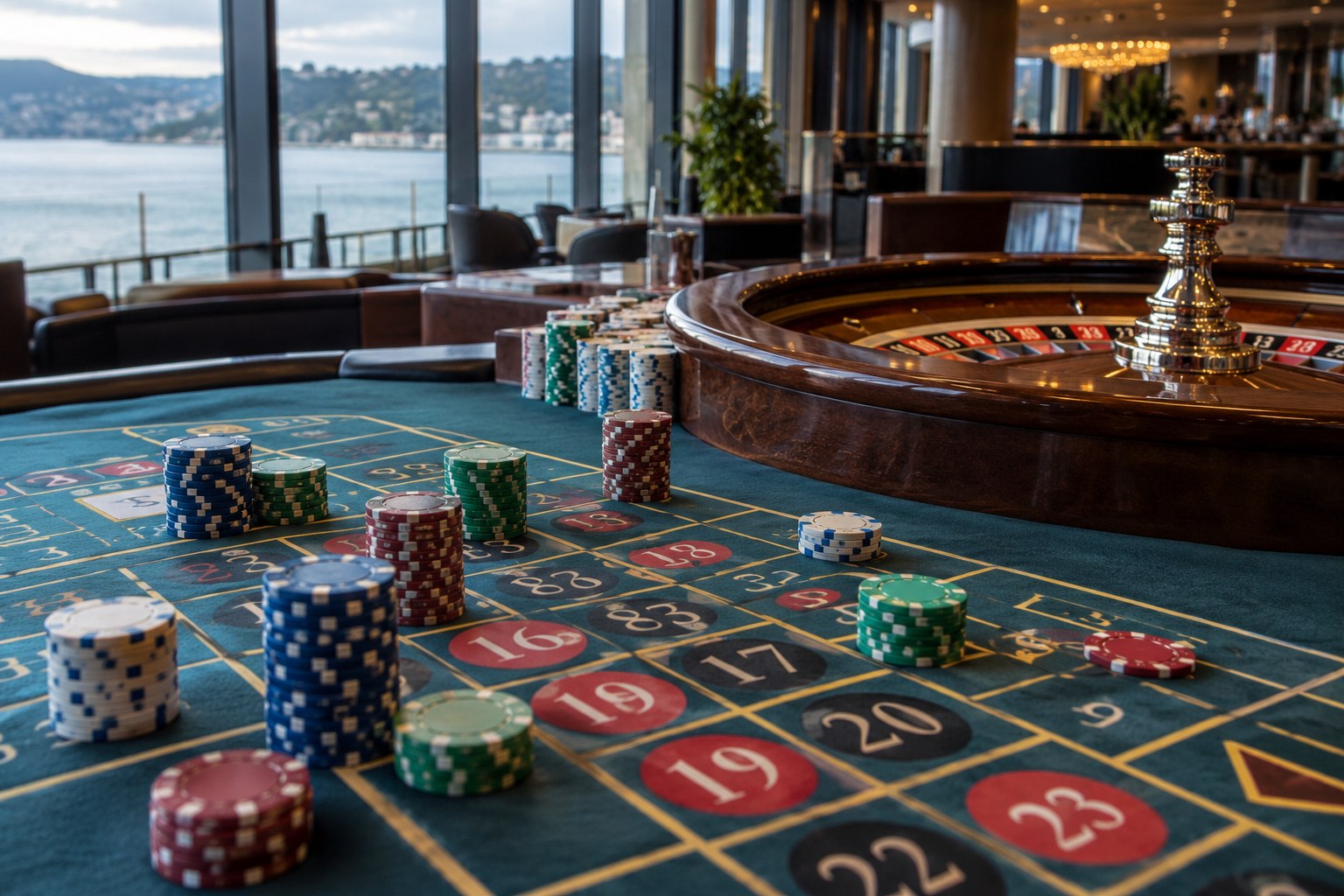 Casino table gaming chips and roulette layout