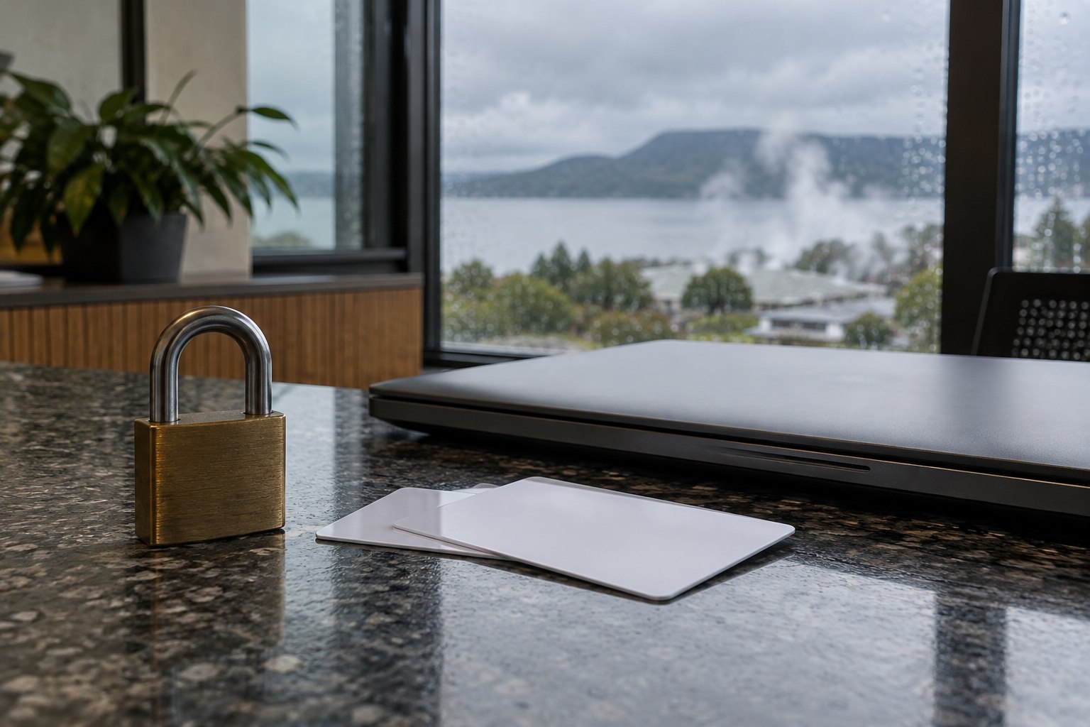 A physical brass padlock beside blank identity cards and a closed laptop in a plain office