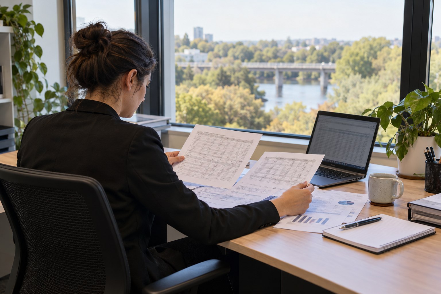 A compliance specialist reviewing anonymous transaction sheets and a laptop in a quiet office, candid over-the-shoulder view