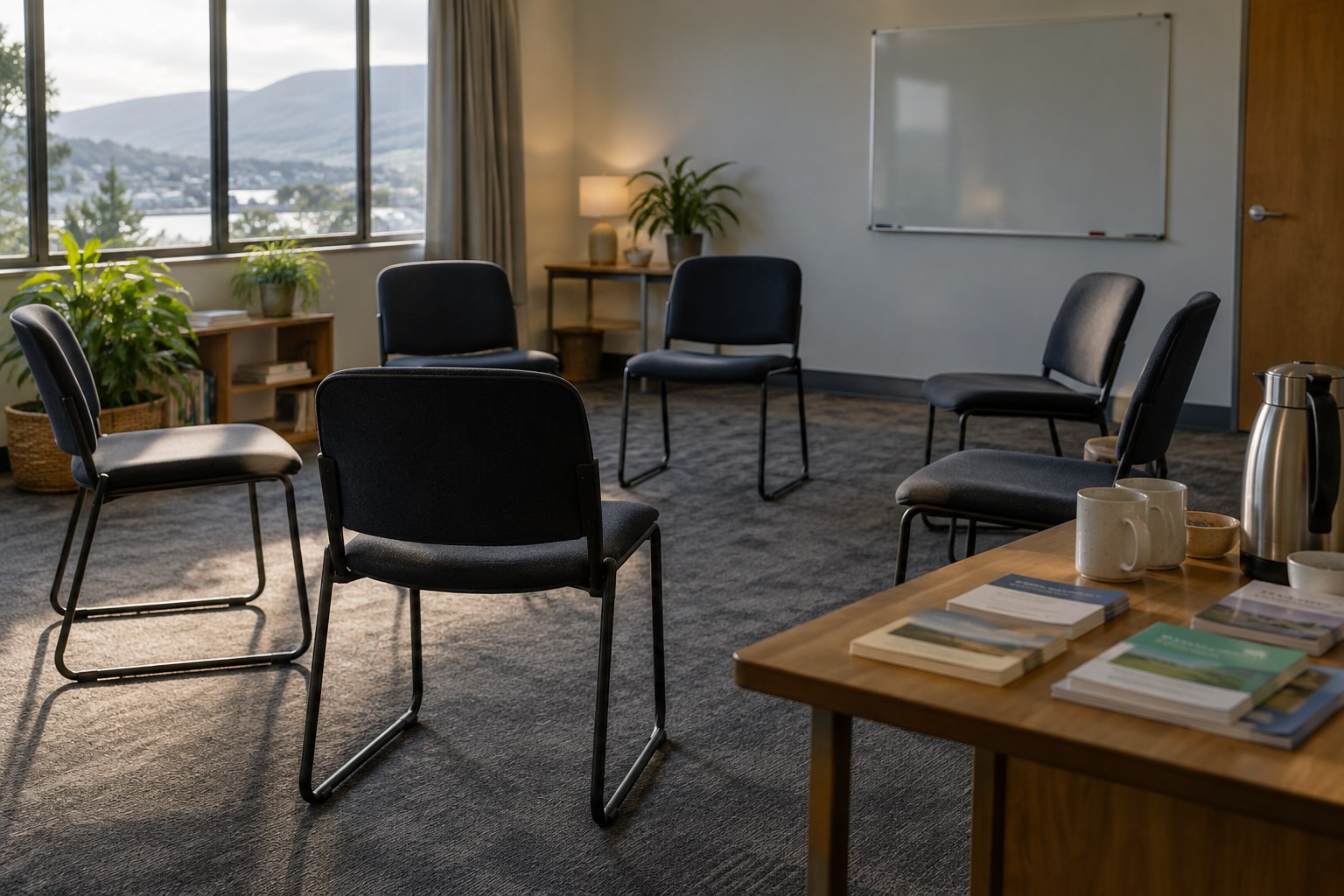 An empty community support room with a circle of chairs, a kettle and plain wellbeing leaflets, no people