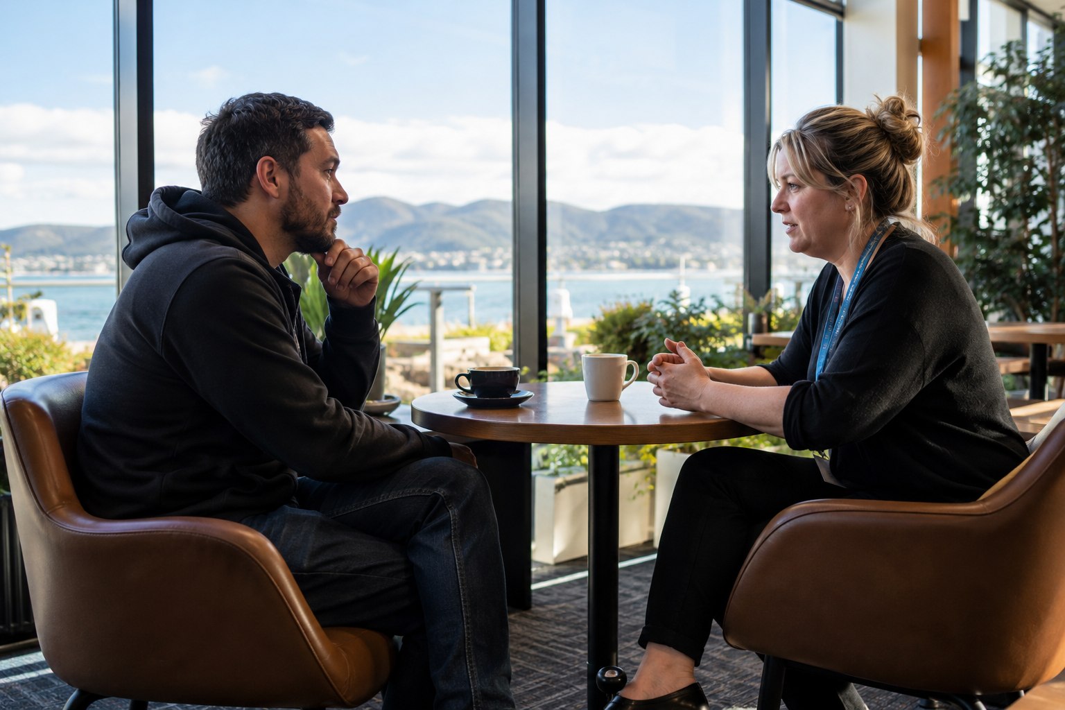 Two adults in a confidential support conversation about setting limits, seen side-on with no visible paperwork text