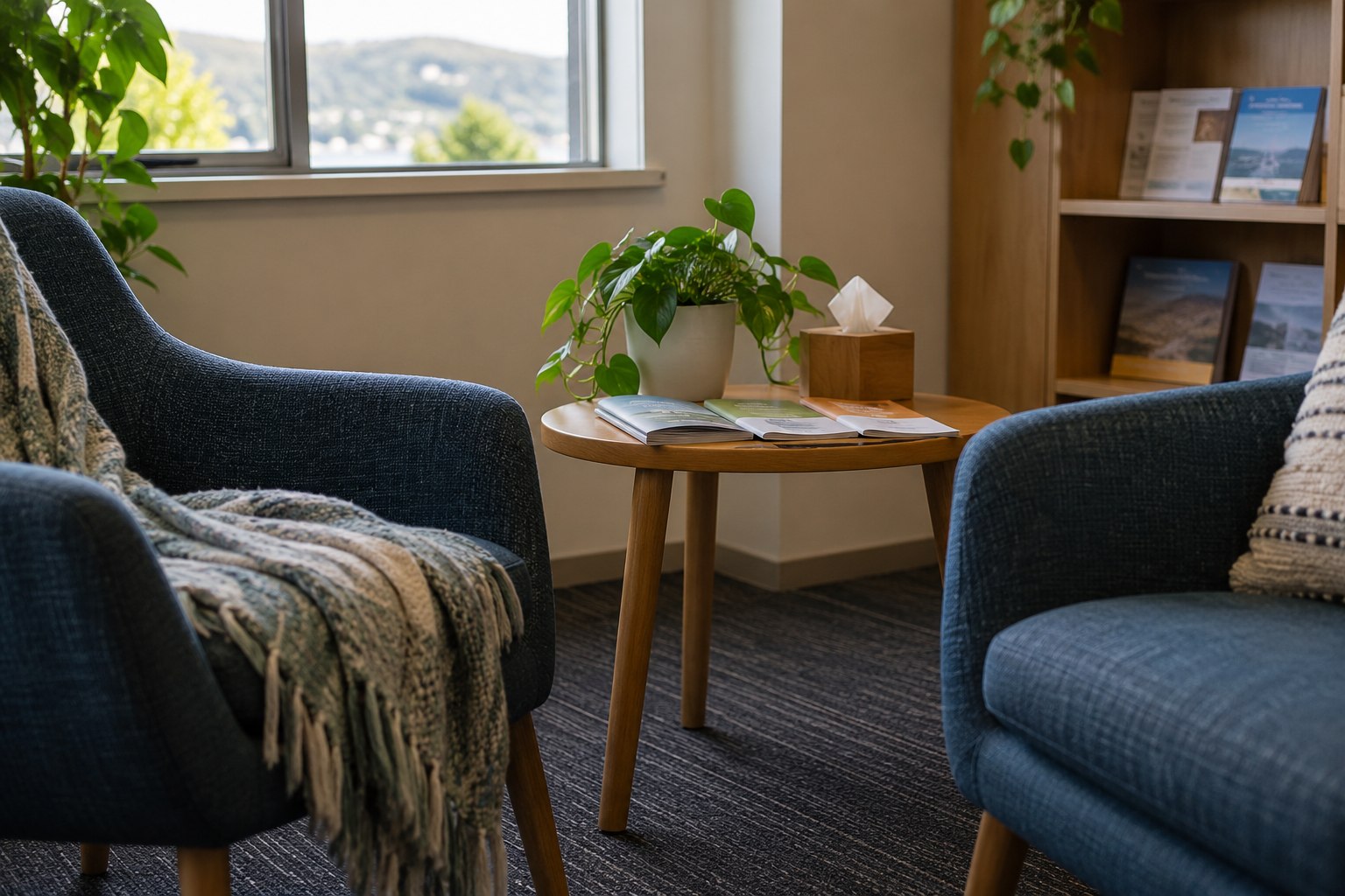 A quiet wellbeing consultation room with two empty chairs, a side table and plain resource leaflets, no people
