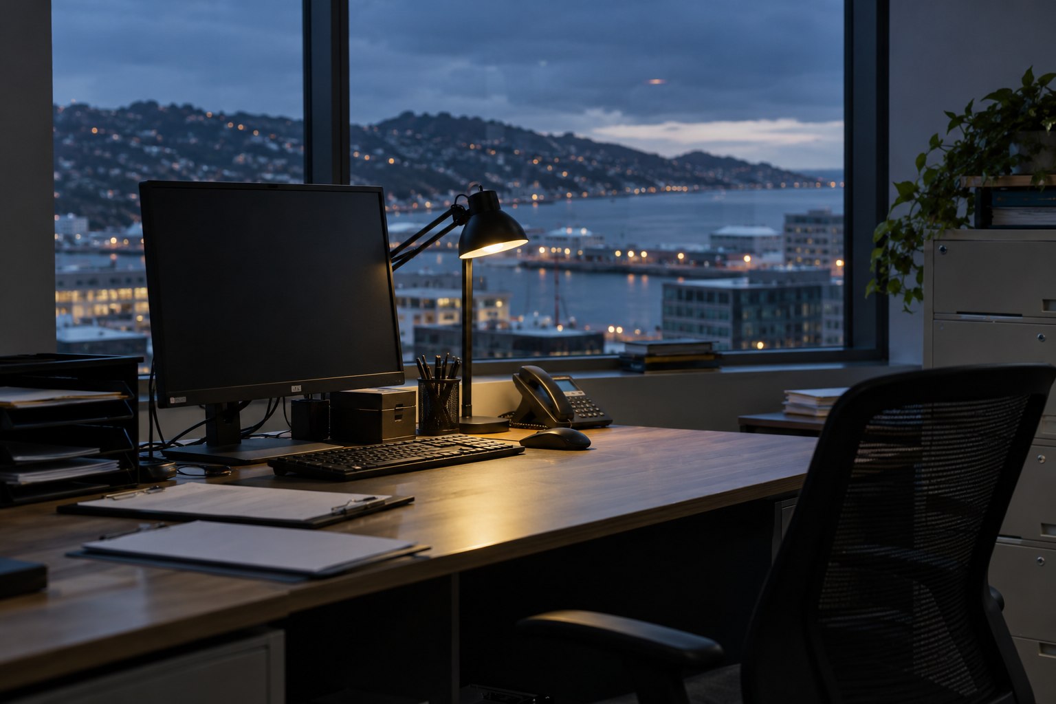 A privacy-conscious records workstation with blank forms and an unmarked monitor in a secure office