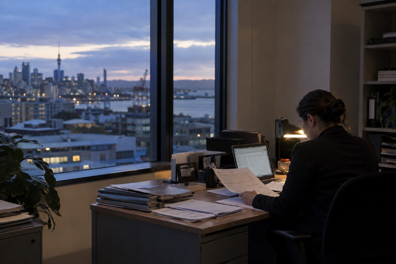 An anonymous inspector at a desk reviewing unmarked venue records, viewed from behind in a plain office