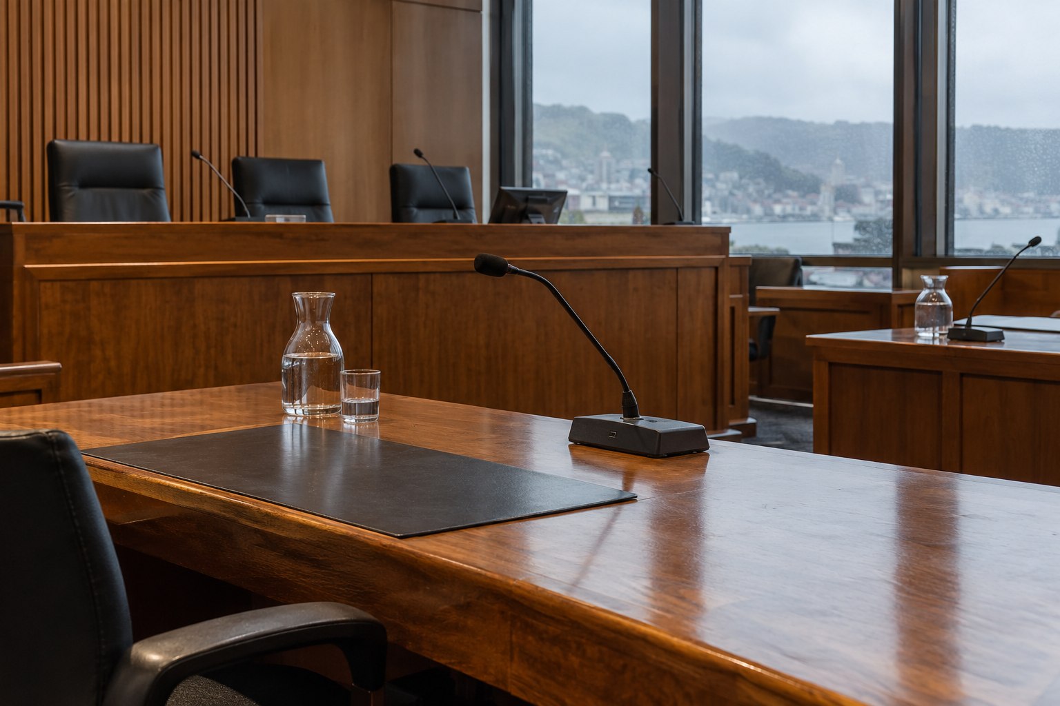 An empty independent hearing room with timber desks and microphones, no logos or readable text